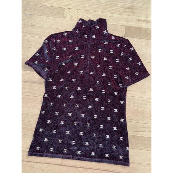 Chanel 20N Navy Blue Fuchsia Pink Silver Sequin CC Logo Stretch Top T Shirt 38 - Picture 6 of 16